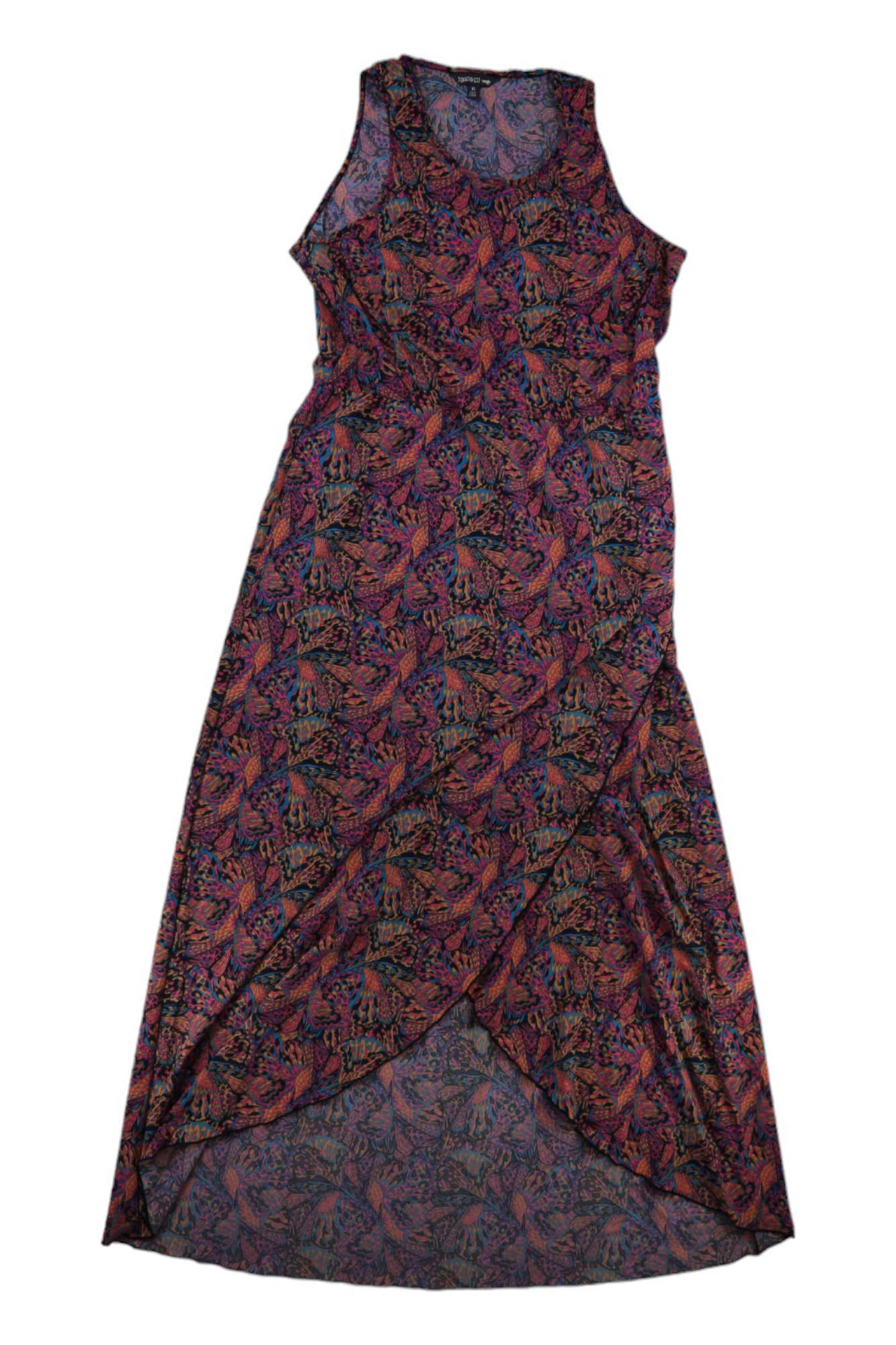 Sleeveless dark navy maxi dress with red and blue abstract pattern