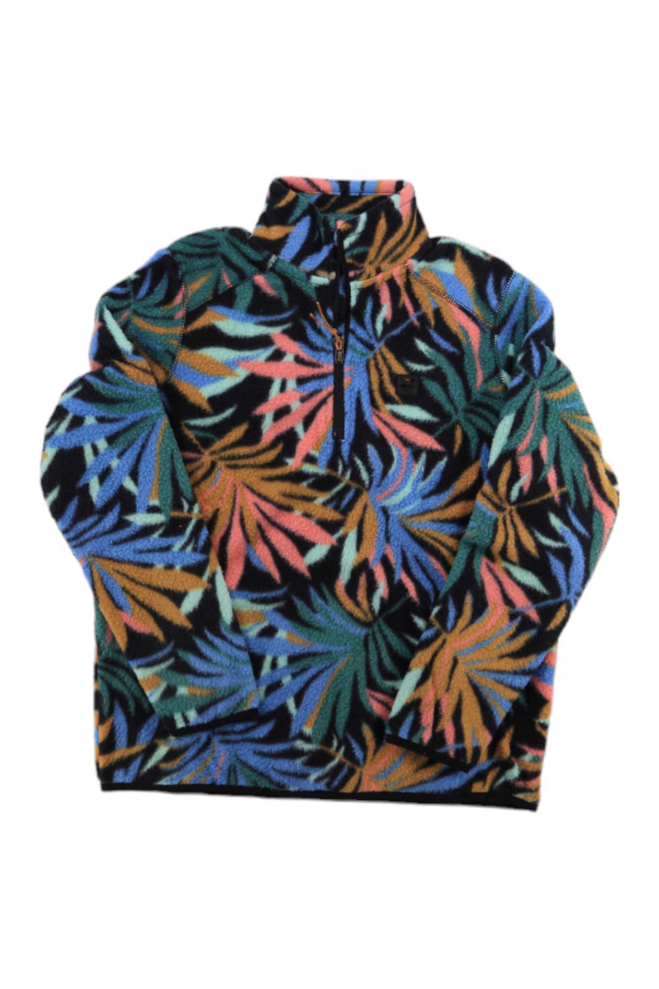The Billabong Womens Boundary Mock 3 Jacket is a fleece pullover with a half-zip front, showcasing a bold tropical leaf design in vibrant orange, green, blue, and black.