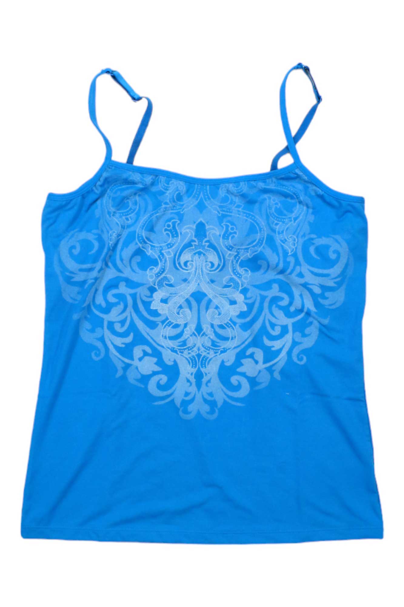 Turquoise graphic cami tank with spaghetti straps and ornate front print