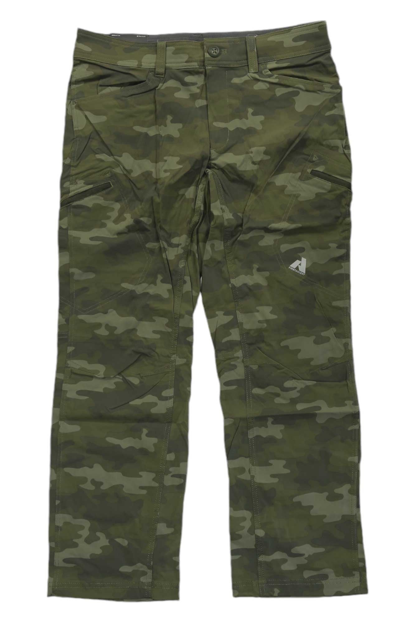 A pair of Eddie Bauer First Ascent Men's Guide Pro Pant in green camouflage with multiple pockets, laid flat on a white background.