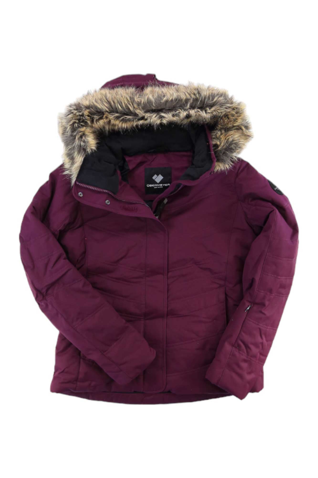 The Tuscany II Jacket in maroon features a faux fur-lined hood, front zipper and snap closures, and a quilted design. Stylishly displayed flat with one sleeve slightly bent.