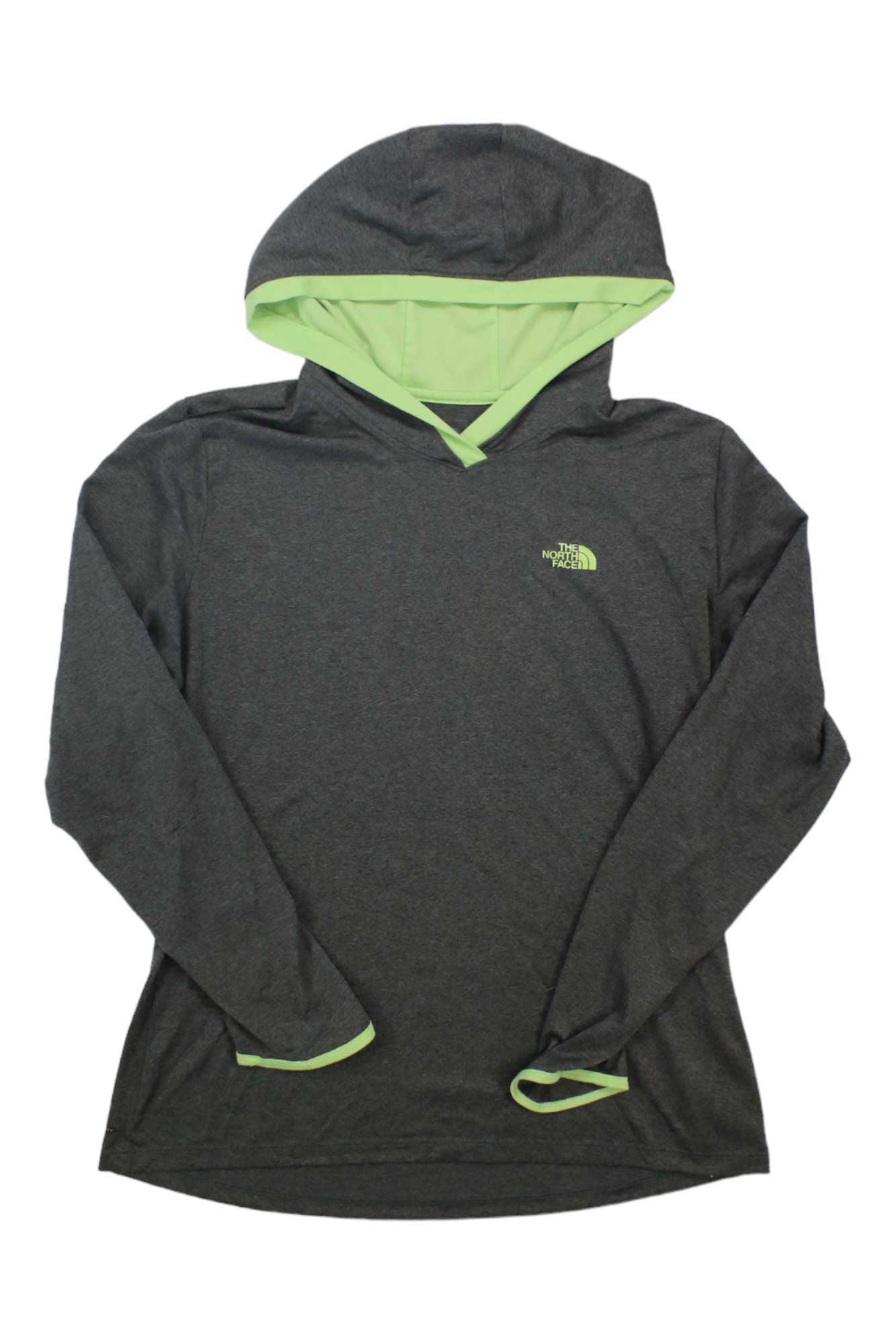 Women's dark charcoal hoodie with neon green hood lining and cuffs, front pocket