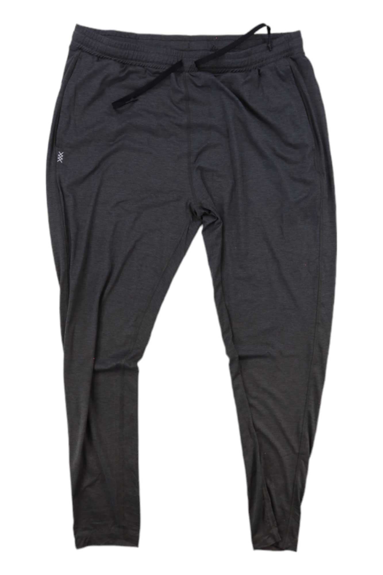 The Rhone Men's Ooo Jogger in black, made with 4-way stretch fabric and equipped with an elastic waistband and drawstring, is displayed flat on a white background.