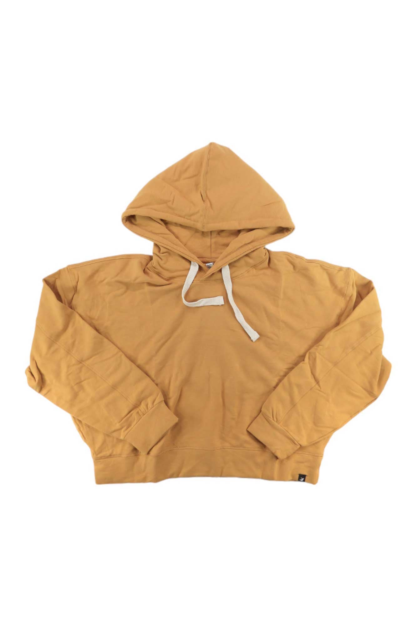 The Glyder Womens Vintage Oversized Cropped Hoodie in mustard yellow features ultra soft fabric, long sleeves, and white drawstrings, shown laid flat against a white background.