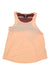 The Sherpa Womens Asha Tank is a peach-colored, sleeveless top with a rounded neckline, slightly flared hem, and maroon striped inner lining. Made from moisture-wicking drirelease fabric with a visible clothing tag.