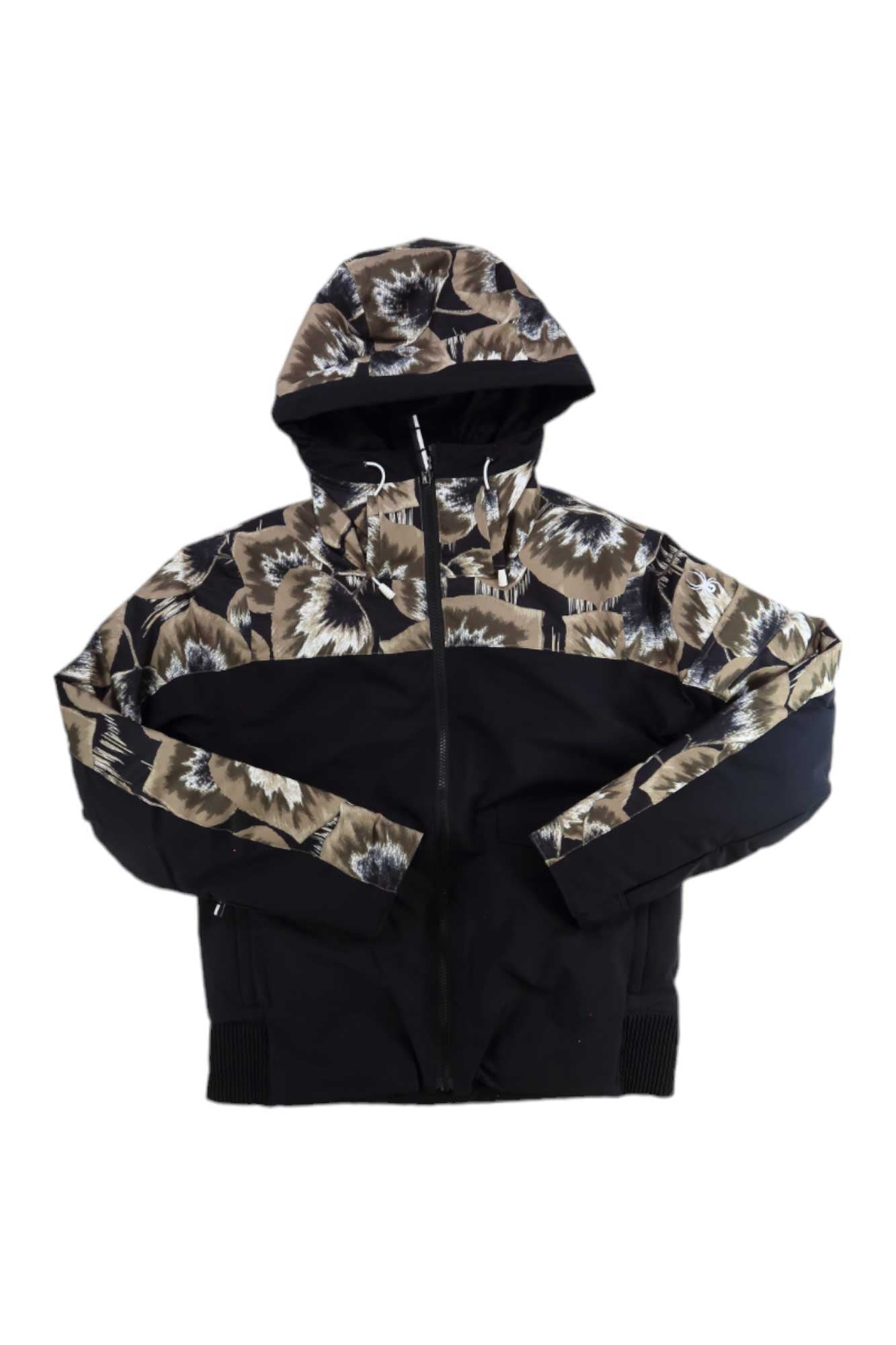 The Spyder Womens Optimist Jacket is a black insulated ski jacket with a brown and white abstract floral pattern on the hood, shoulders, and sleeves, shown against a plain white background.