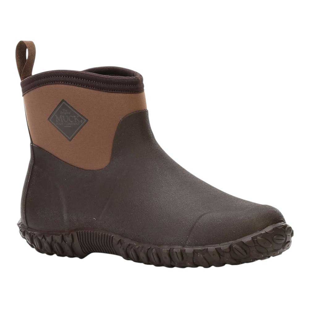 Men's ankle boot with dark brown rubber sole and tan side panel, pull-on style.