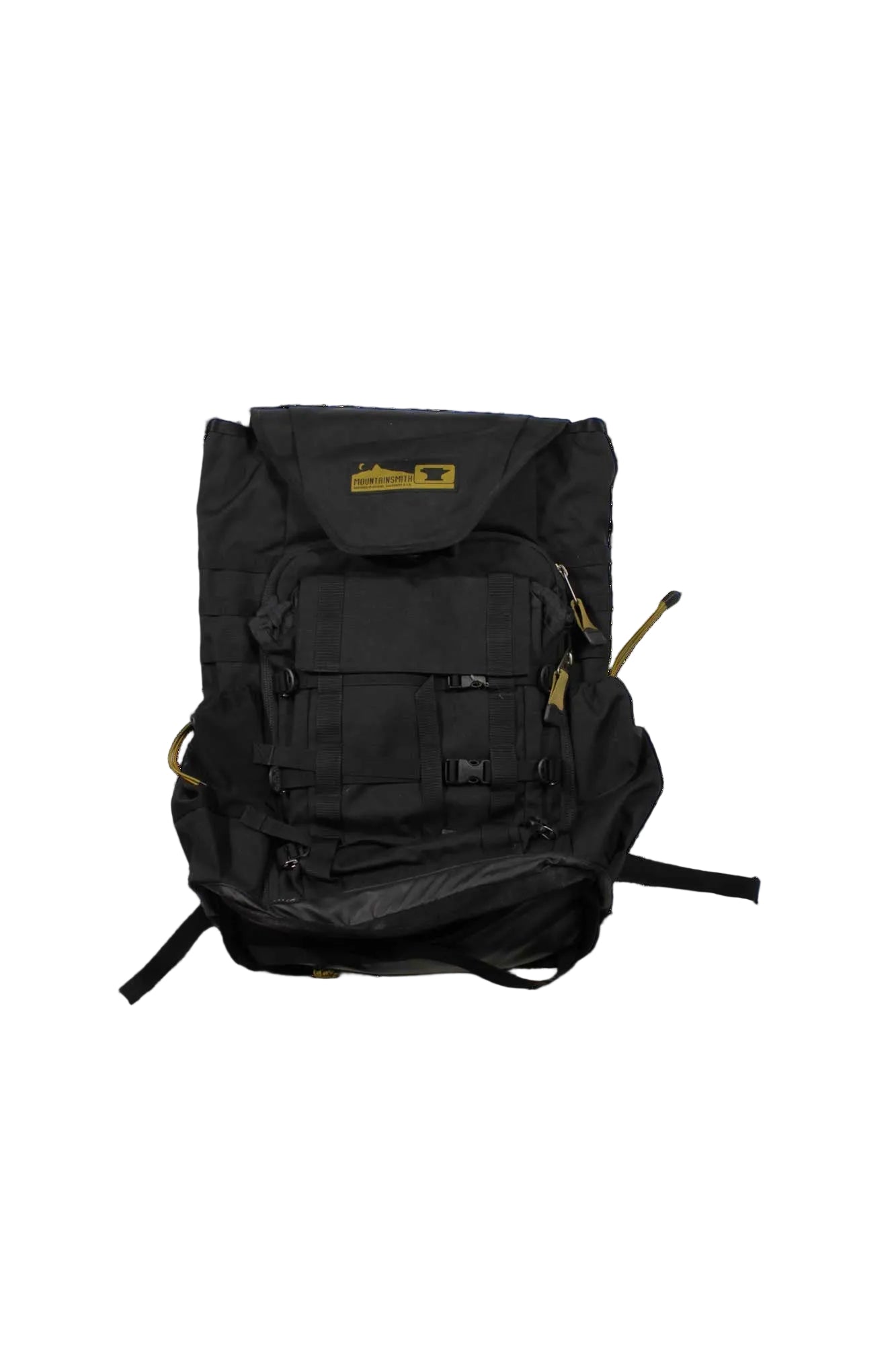 The Mountainsmith Tanuck 40L Pack is a spacious black hiking backpack with multiple compartments, buckles, and straps, plus a yellow label on the top flap—ideal for outdoor adventures—shown against a white background.