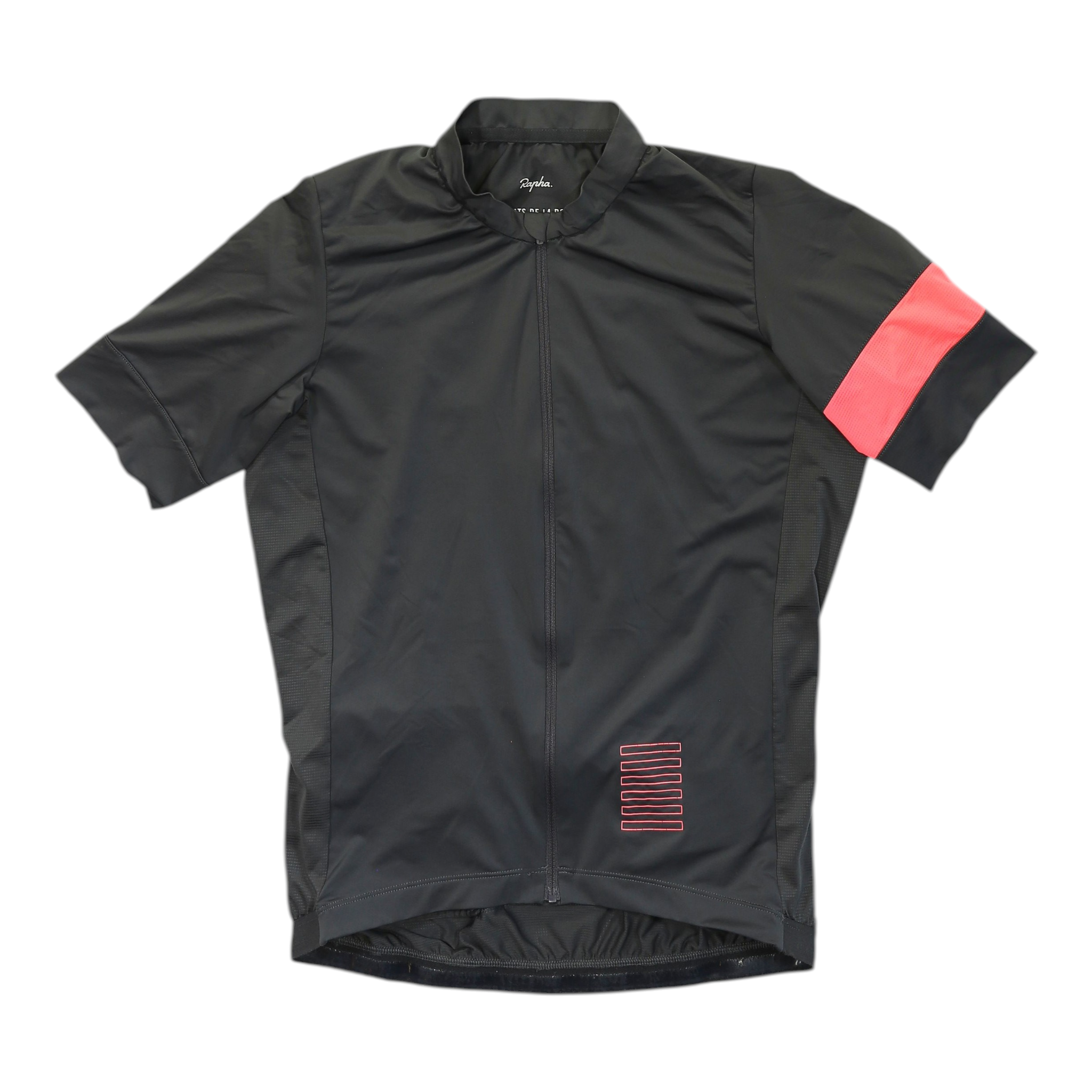 Dark gray training jersey with full zip front, short sleeves, red arm band and side logo