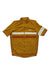 The Rapha Brevet Lightweight Jersey is a mustard-yellow cycling jersey with short sleeves, a full front zipper, white and red chest stripes, and the Rapha logo on the left chest.