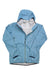 The Haglofs Womens L.I.M Proof Jacket, shown in light blue with a hood, front zipper, long sleeves, and zippered side pockets, is a waterproof outdoor jacket ideal for hiking or everyday use. Displayed flat on a white background.