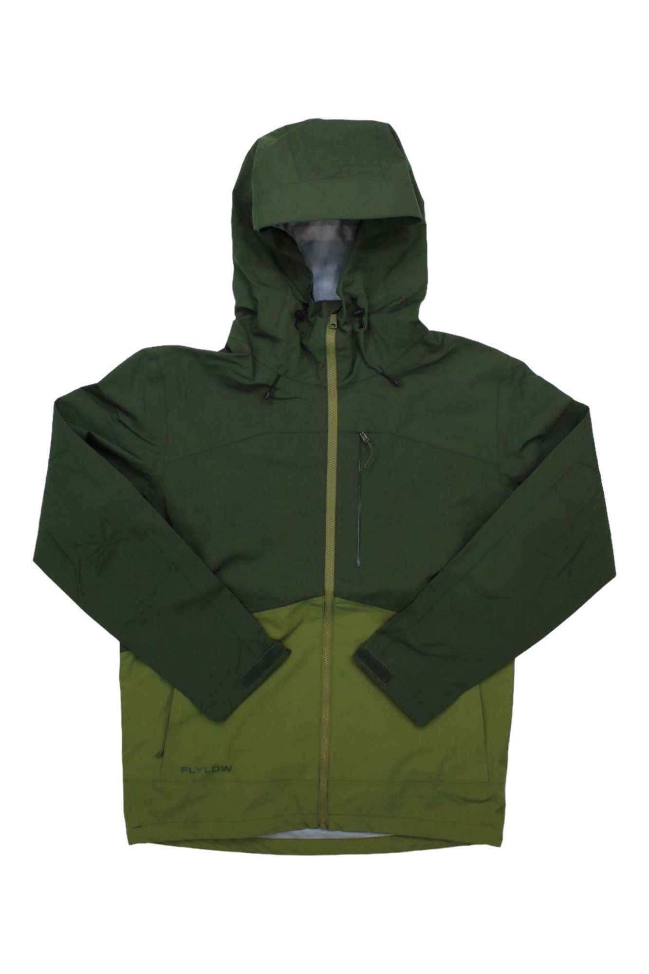 The Flylow Men's Knight Jacket is a two-tone green ski jacket with a hood, front zipper, chest pocket, and long sleeves. This durable waterproof jacket has a dark green upper, olive lower section, and Flylow branding near the bottom.