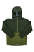 The Flylow Men's Knight Jacket is a two-tone green ski jacket with a hood, front zipper, chest pocket, and long sleeves. This durable waterproof jacket has a dark green upper, olive lower section, and Flylow branding near the bottom.