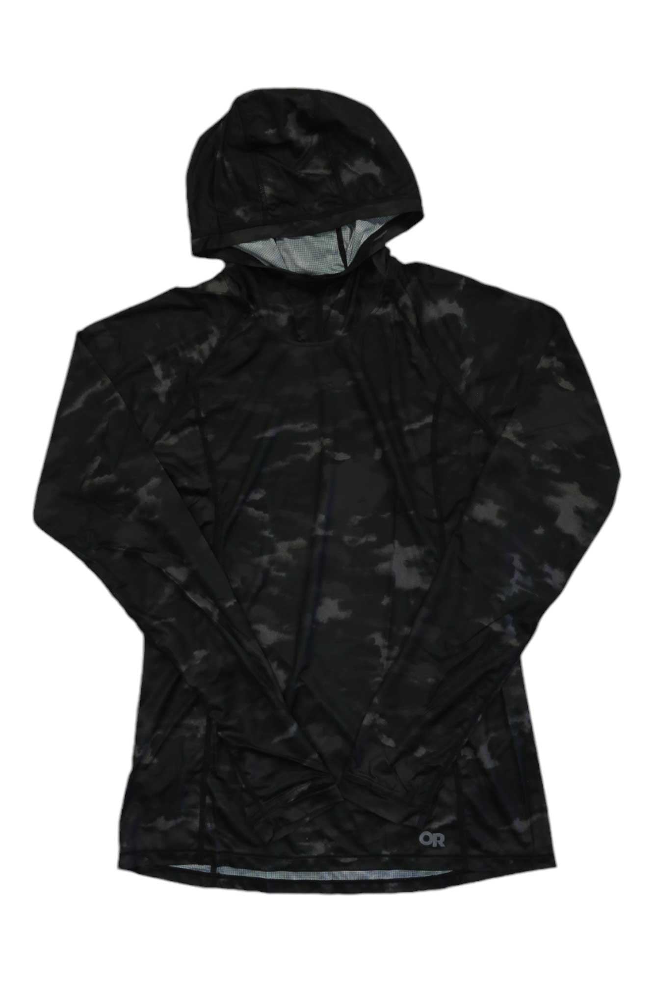 Women's dark camo printed hoodie, zip-front and adjustable hood, OR logo