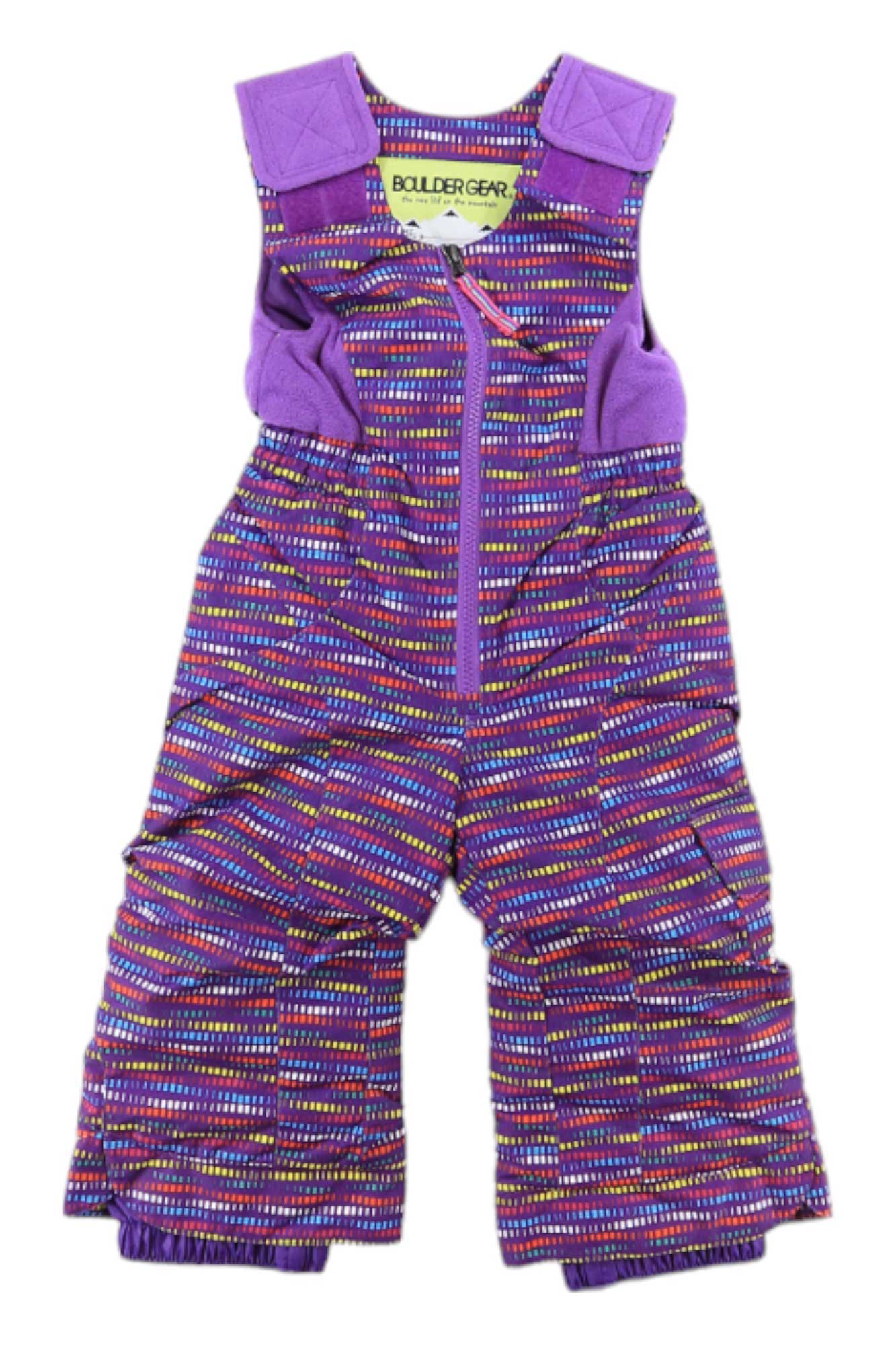 Boulder Gear Hailey Bib Snow Pants - Toddlers/Kids in purple with multicolored dotted stripes, feature waterproof insulation, a front zipper, adjustable shoulder straps, and an inner Boulder Gear label.