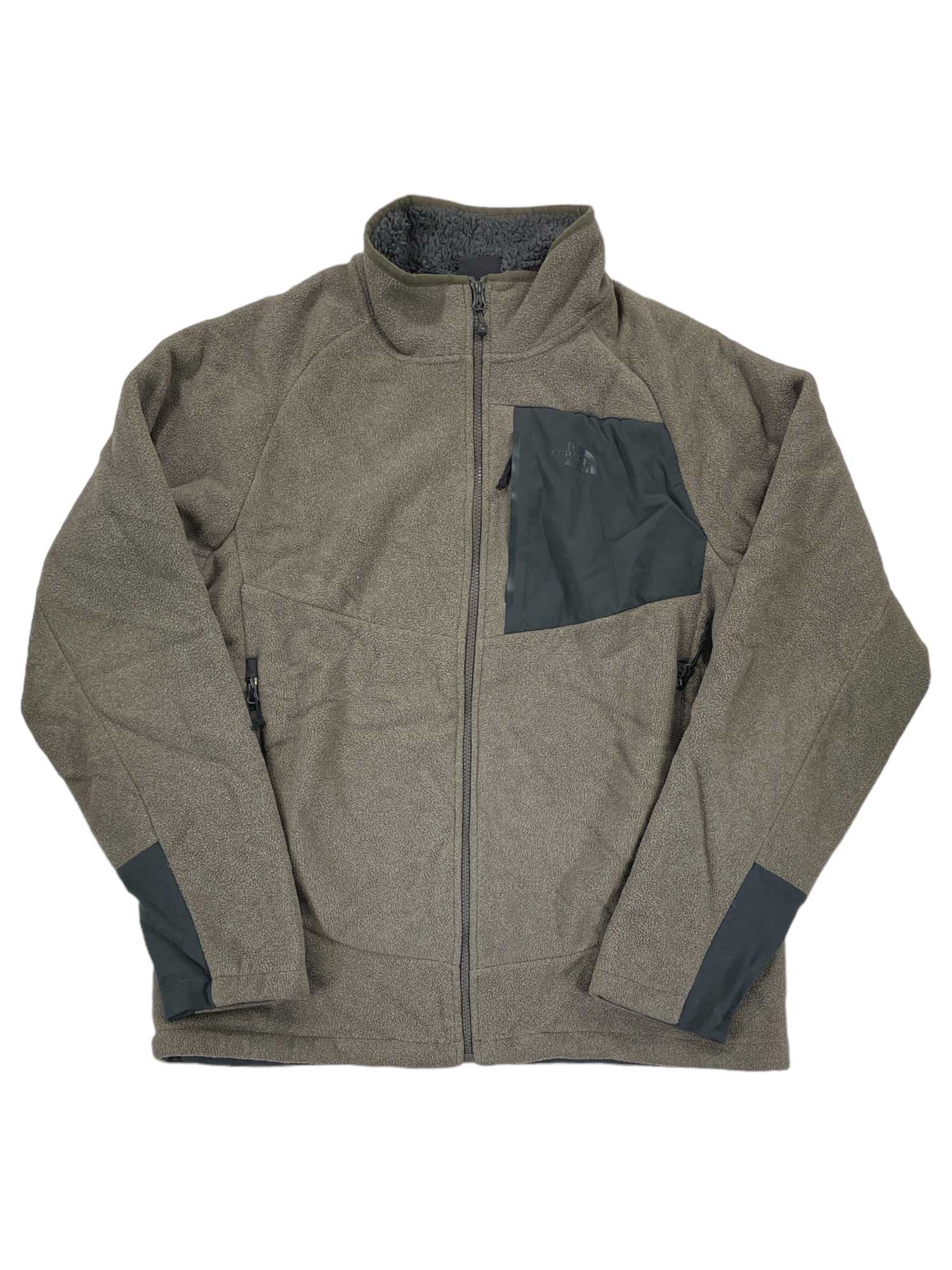 The Men's Chimborazo Full-Zip Jacket in khaki features a black chest pocket, black elbow patches, and side zippered pockets, shown laid flat on a white background.