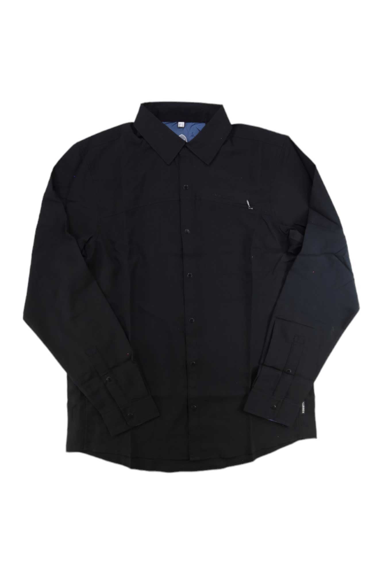 The Club Ride Mens Protocol Long Sleeve Shirt in black features a collar, chest pocket, and buttoned cuffs. Made with moisture-wicking fabric, it’s ideal for biking or daily wear. Shown on a white background.