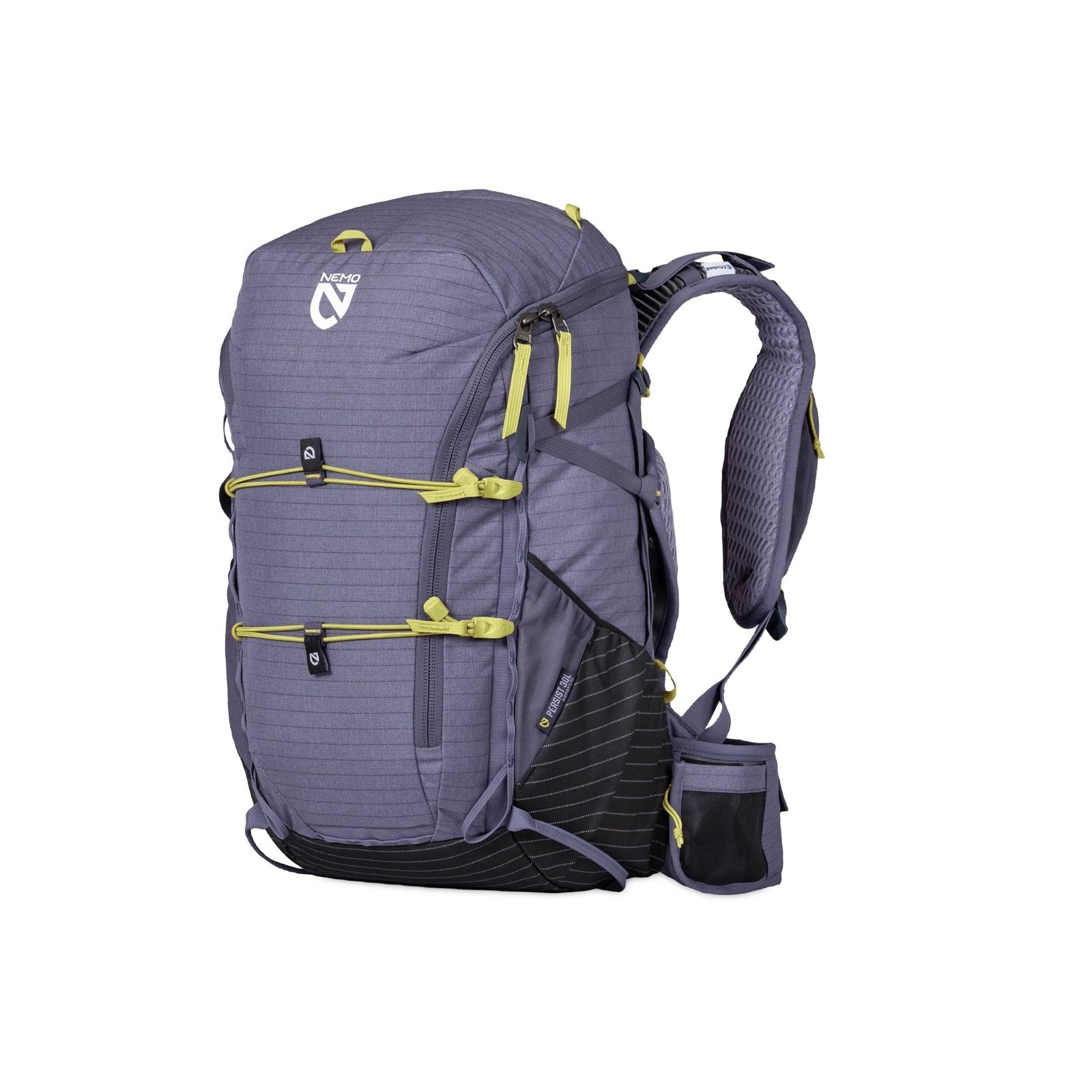 The Nemo Womens Persist 30L Pack is a gray and black mountain backpack with yellow-green straps and zippers, padded shoulder straps, multiple compartments, a small mesh side pocket, and the NEMO logo on the top front.