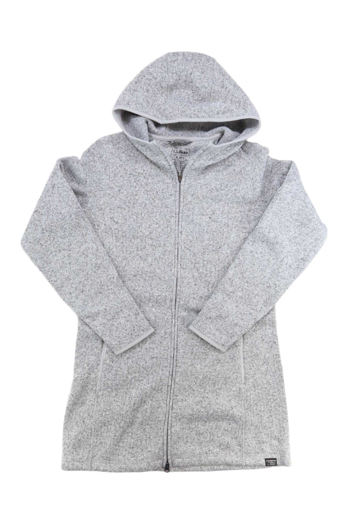 L.L.Bean Womens Beans Sweater Fleece Coat in light gray, features a hood, zip-up front, long sleeves, two side pockets, and soft textured fabric. Shown laid flat on a white background.
