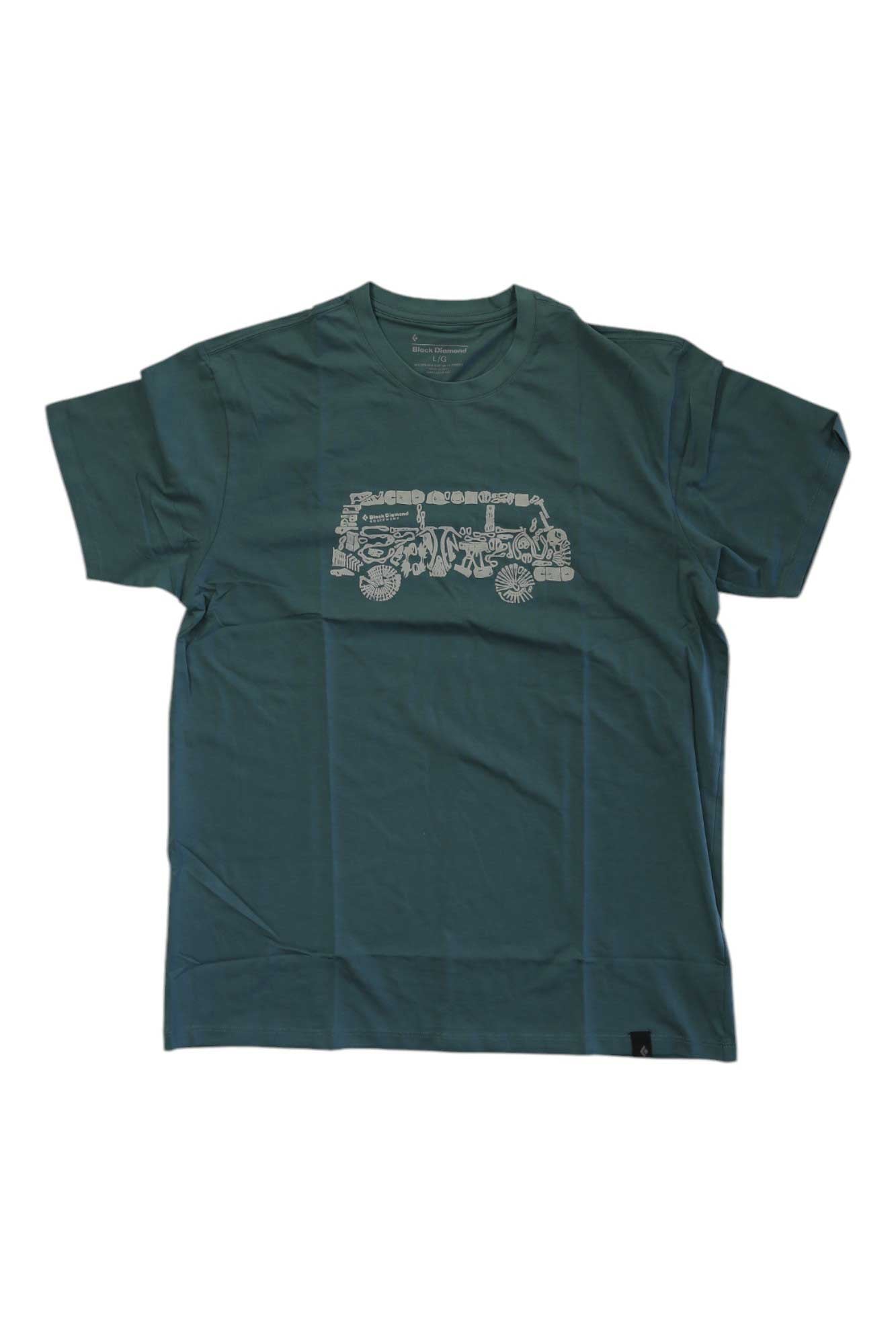 The Black Diamond Mens Vantastic Tee is a green organic cotton short-sleeve t-shirt featuring a white line art graphic of an off-road vehicle on the chest, shown laid flat on a white background.