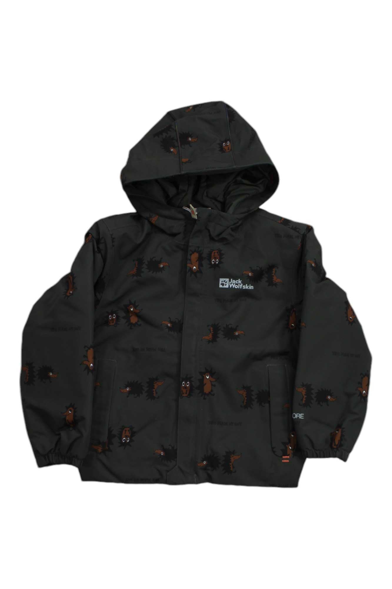 The Jack Wolfskin Kids' Gleely 2L Ins Printed Jacket is a black, waterproof jacket with a hood, zipper, long sleeves, small brown bear face pattern, chest logo, and lightweight synthetic insulation for warmth.