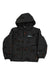 The Jack Wolfskin Kids' Gleely 2L Ins Printed Jacket is a black, waterproof jacket with a hood, zipper, long sleeves, small brown bear face pattern, chest logo, and lightweight synthetic insulation for warmth.