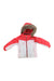 The Spyder Toddler Girls' Lola Jacket features a red and light pink color block, front zipper, Primaloft insulation, and a hood with brown faux fur trim, displayed against a white background.