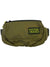 The Mystery Ranch Forager Hip Pack in olive green features a black zipper and a yellow-and-black MYSTERY RANCH logo patch—ideal for carrying essentials on your outdoor adventures.