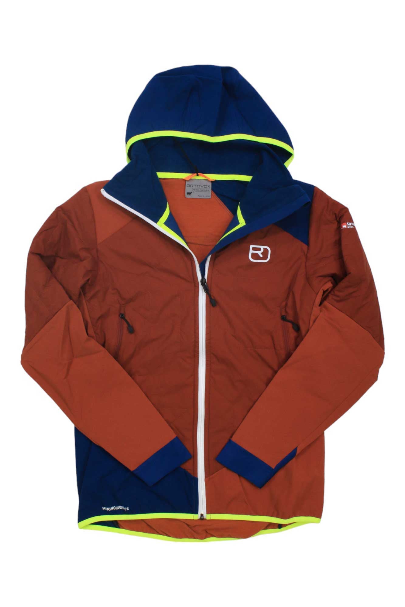 The Ortovox Mens Swisswool Col Becchei Hybrid Jacket is a men's mountaineering jacket with a blue hood and shoulders, rust-colored body and sleeves, neon yellow trim, zippered pockets, white front zipper, and small white chest logo.