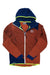 The Ortovox Mens Swisswool Col Becchei Hybrid Jacket is a men's mountaineering jacket with a blue hood and shoulders, rust-colored body and sleeves, neon yellow trim, zippered pockets, white front zipper, and small white chest logo.