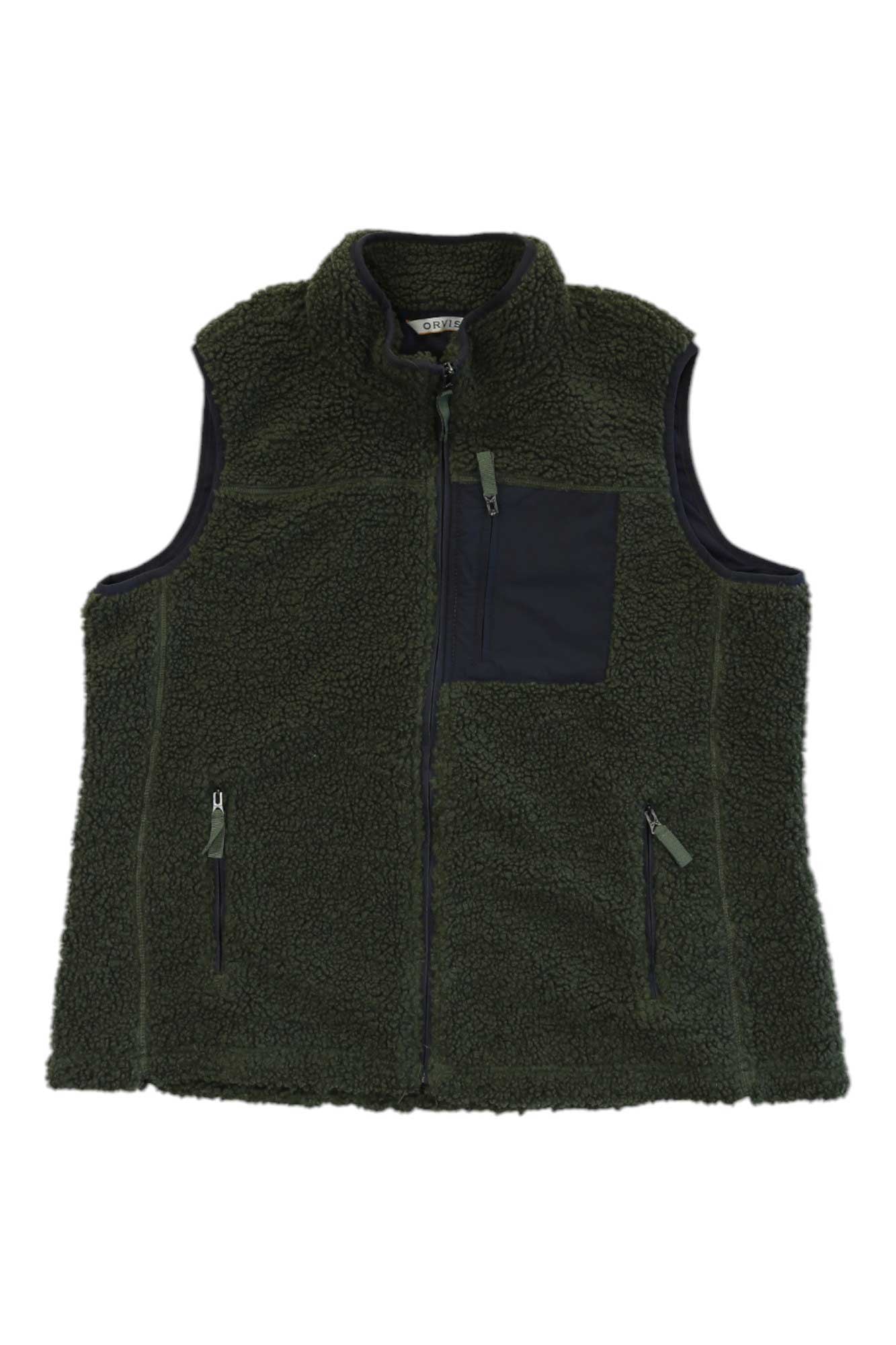 The ORVIS WOMENS MAD RIVER SHERPA VEST is a dark green, sleeveless layering vest featuring a high collar, black zippered front, two zippered side pockets, and a left chest zip pocket. Soft sherpa texture adds comfort and style for outdoor wear.