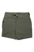 The Chrome Industries Womens Anza Short features olive green, water-resistant fabric, belt loops, front and back pockets, a small black logo on the left thigh, and a black tab on the waistband—ideal for commuter cycling.