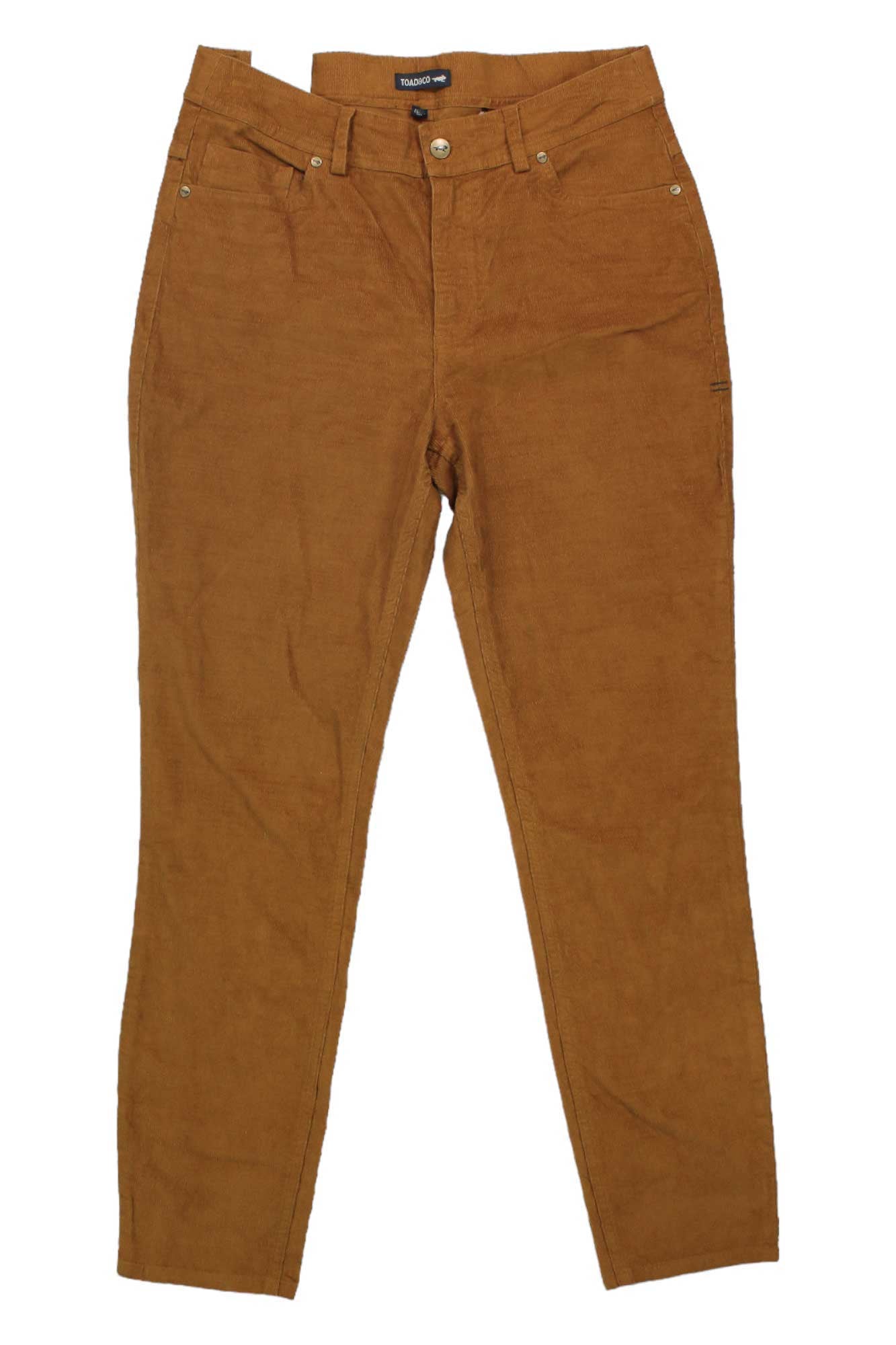 Women's caramel corduroy five-pocket skinny pants, button-and-zip front, belt loops