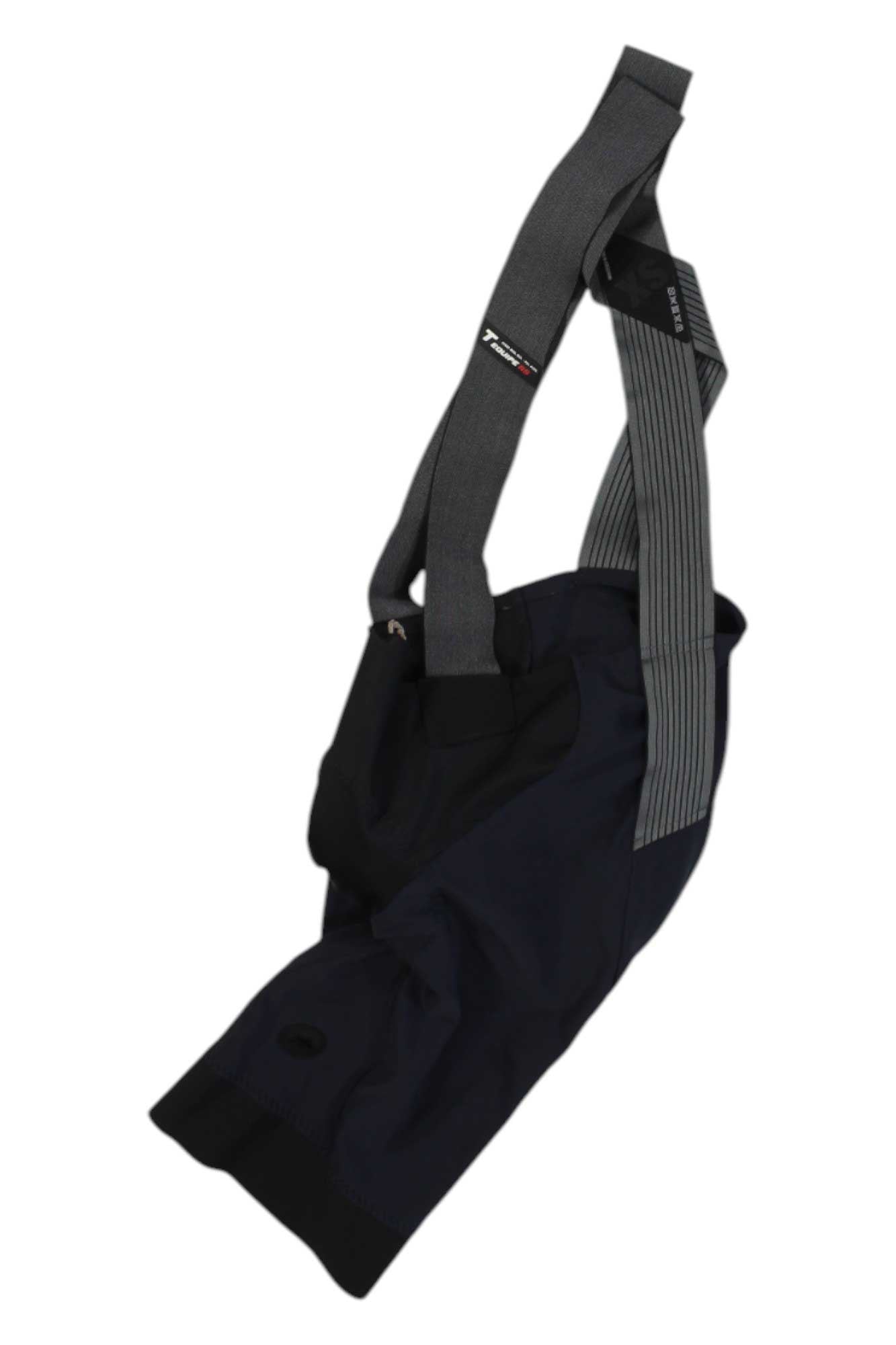 Men's black cycling bib shorts, wide shoulder straps, gridded side panel