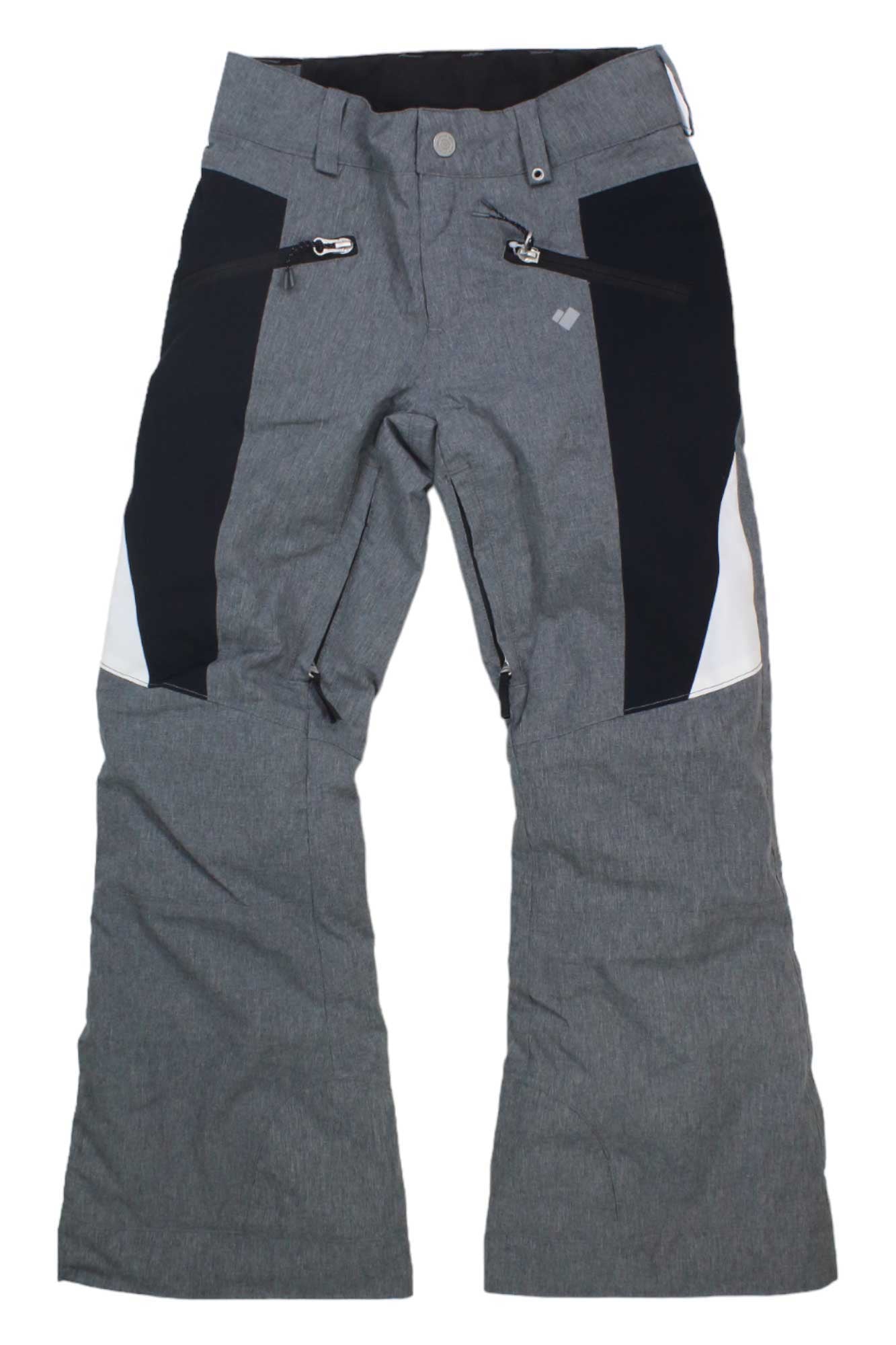 The Obermeyer Girls Jessi Pant offers gray and black adjustable waist ski pants with white accents, front zipper pockets, belt loops, and reinforced knees—perfect for winter sports with a modern design.