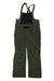 The Black Diamond Men's Recon Stretch Bib in olive green features a black chest pocket, adjustable suspenders, waist belt, and zippered thigh and side pockets—perfect as snowboarding pants. Displayed laid flat on a white background.