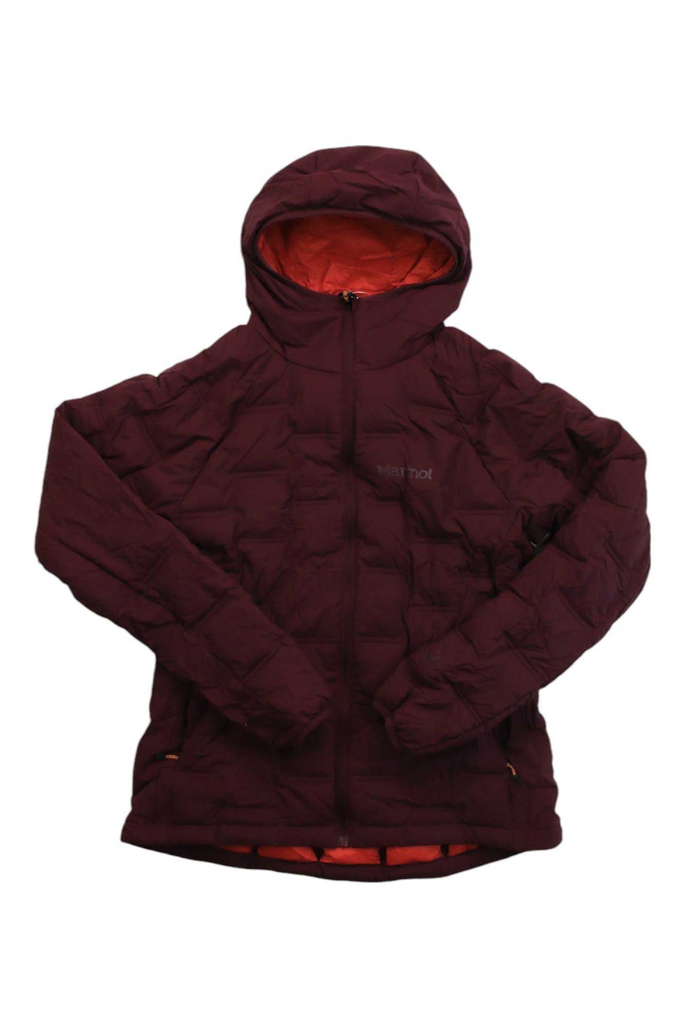 The Marmot Women's WarmCube Active Novus Hoody in maroon, with synthetic insulation, front zipper, orange lining, and side pockets, is laid flat on a white background.