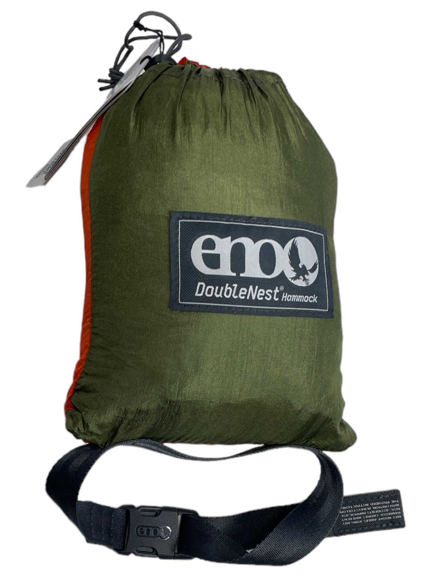 DoubleNest hammock storage bag, olive-green fabric with en o logo patch and black straps.