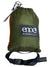 DoubleNest hammock storage bag, olive-green fabric with en o logo patch and black straps.