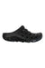 The Oboz Whakata Coast Sandal is a black slip-on clog with ventilation holes and a textured, slip-resistant sole for cushioned travel comfort. Shown in side profile on a white background.