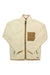 The Fjallraven Men's Vardag Pile Fleece Jacket features a cream color with light brown trim, a stand-up collar, brown front zipper, and snap-button chest pocket. Made from recycled polyester, it’s a warm, simple mid-layer for casual wear.