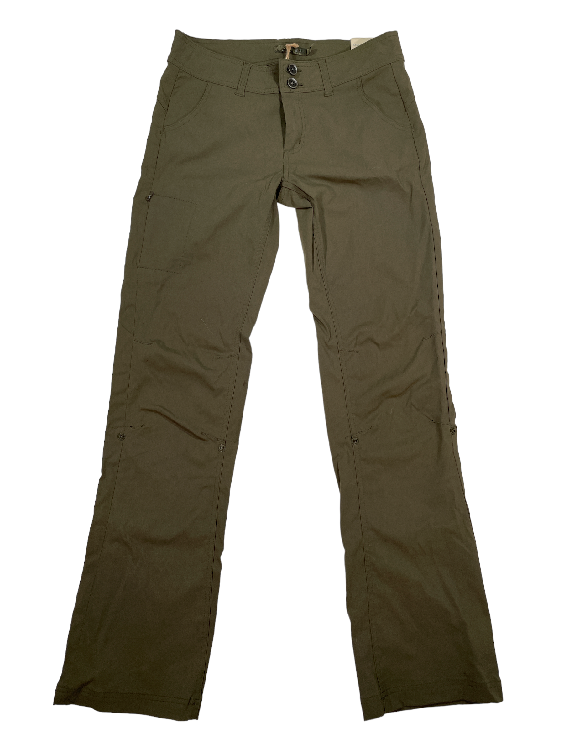 The Halle Pant II is an olive green, straight-leg pant made from durable performance fabric with front pockets, a button and zipper closure, and belt loops. The pants are laid flat on a white background.