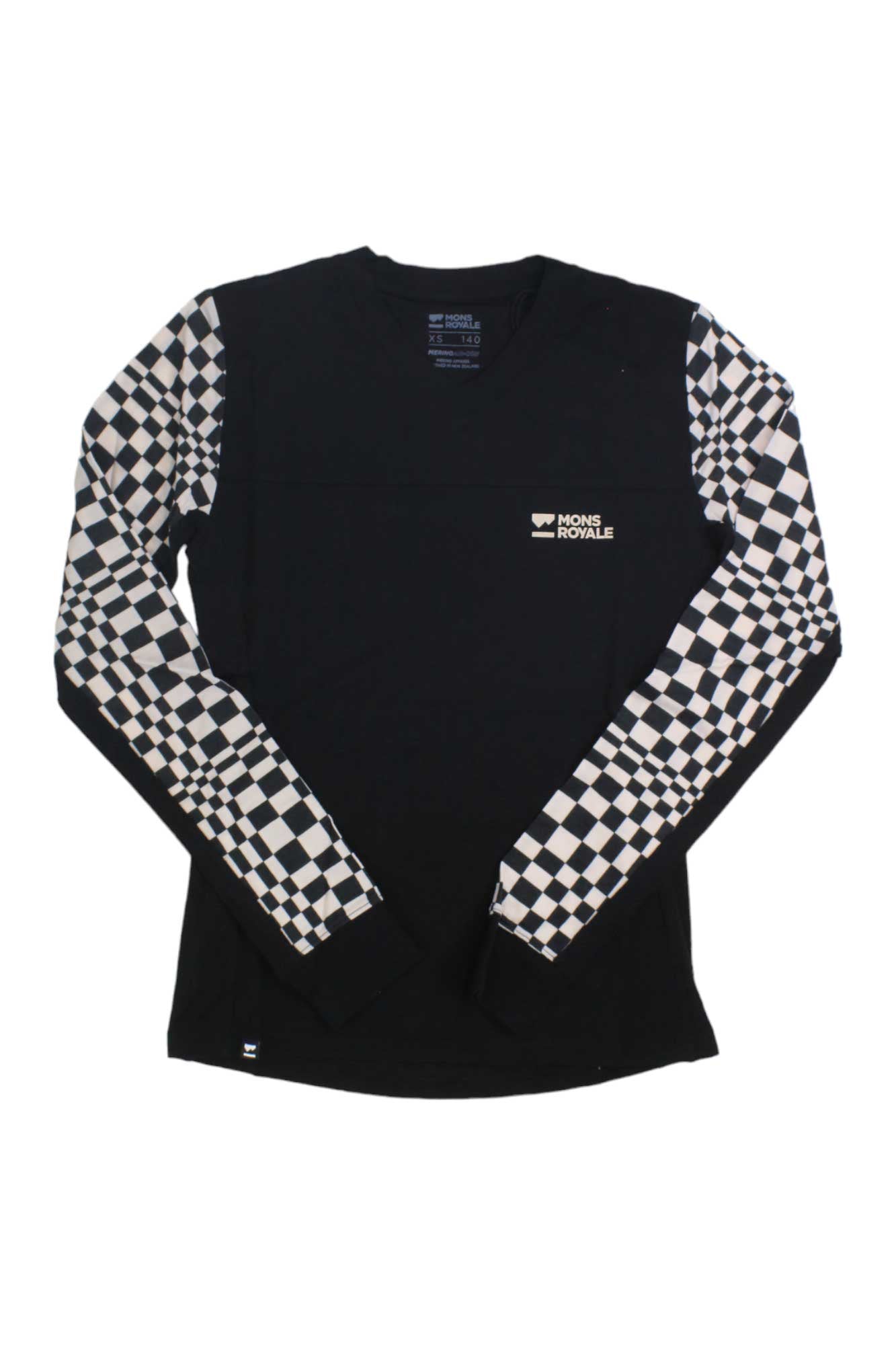 Women’s enduro long-sleeve top, black with checkered sleeves and crew neck