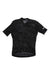 The Pro Team Flyweight Jersey - Road Graffiti is a short-sleeve black road cycling jersey featuring a subtle geometric pattern, breathable fabric, front zipper, and RAPHA branding on the left sleeve.