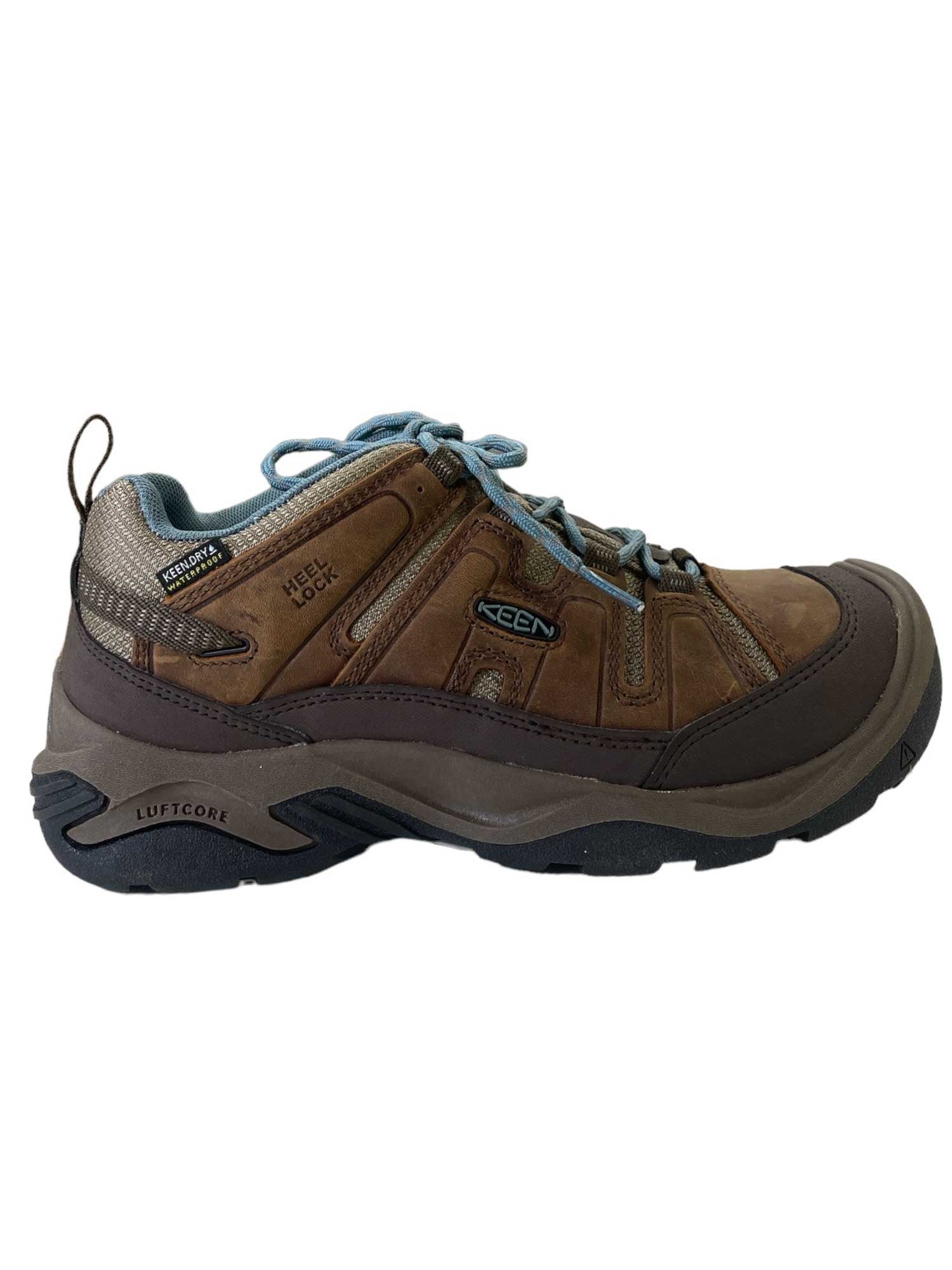 Waterproof hiking shoe, brown upper with blue laces and textured toe guard