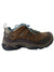 Waterproof hiking shoe, brown upper with blue laces and textured toe guard