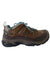 Waterproof hiking shoe, brown and dark gray with blue laces and mesh side panel
