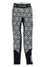 The Helly Hansen Womens Lifa Merino Midweight Graphic Pant features a navy and white geometric pattern, black side and ankle panels, a black waistband with Helly Hansen in white text, and moisture-wicking fabric for comfort.