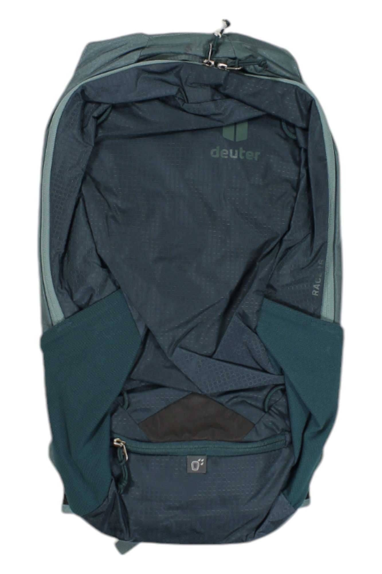 The Deuter Race 16 Pack, shown in dark teal, appears open and empty to reveal its spacious main compartment, inner zipper pocket, hydration-compatible sleeve, and the Deuter logo on the back panel.
