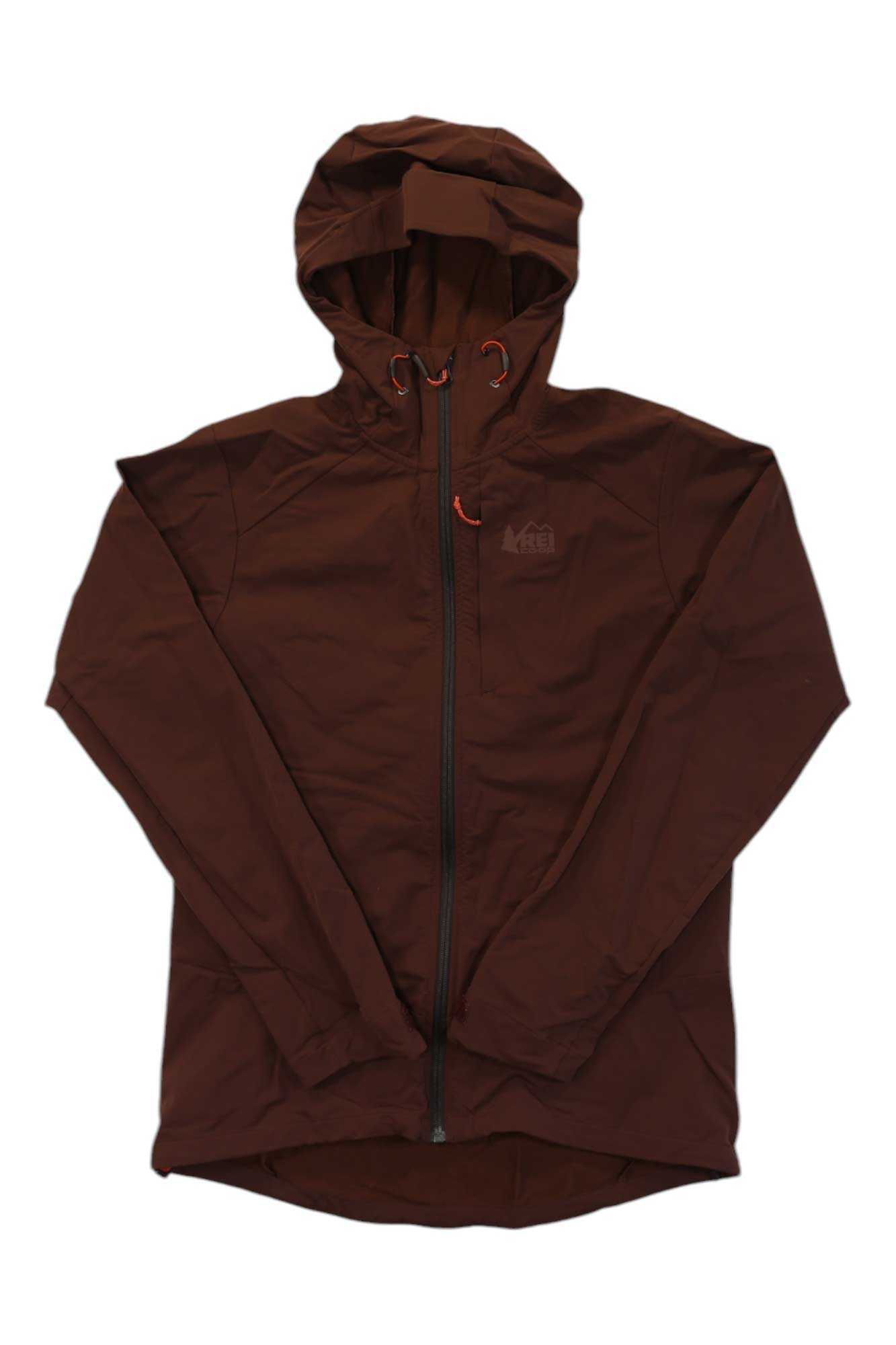 Men's soft-shell jacket, dark red-brown, zip-front, hooded, long sleeves